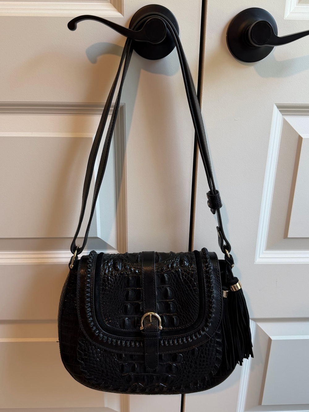 Brahmin Black Textured Crossbody Bag with Tassel Accent